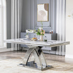 Modern 70" White Marble Dining Table for 6-8 – Rectangular Faux Marble Kitchen & Dining Room Table with Silver Stainless Steel X-Shape Bases, Living Room Furniture