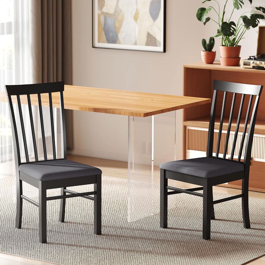 HOMCOM Wooden Dining Chairs Set of 2 Farmhouse Black and Gray | Upholstered Kitchen Chairs, Rubber Wood Frame, for Living Room, Dining Room