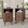 Whalefall Night Stand Set of 2 with Charging Station, Mid Century Modern Fluted End Tables with Cabinet for Living Room, Curved Round Edge Wood Beside Table with Slide Tambour Doors, Walnut