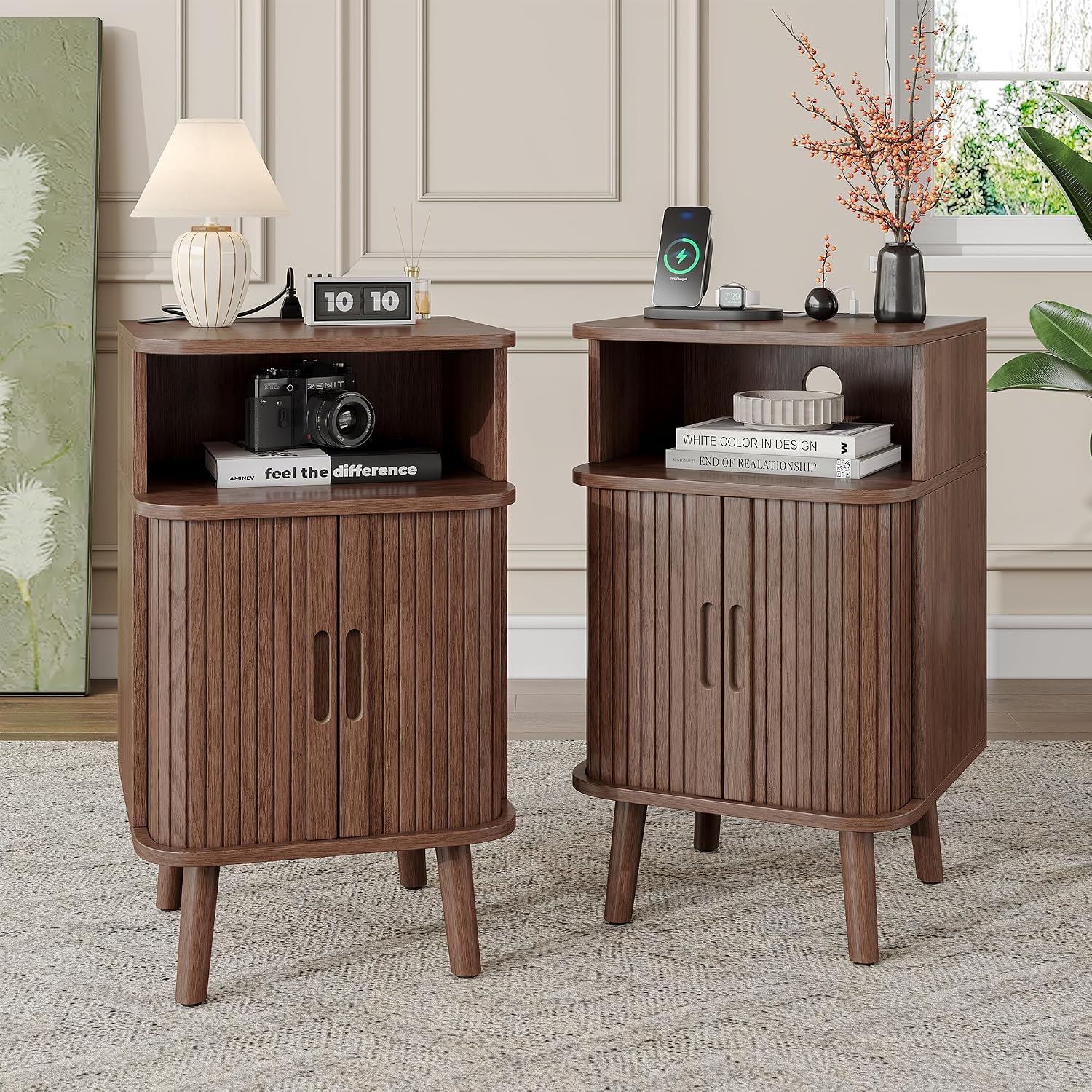 Whalefall Night Stand Set of 2 with Charging Station, Mid Century Modern Fluted End Tables with Cabinet for Living Room, Curved Round Edge Wood Beside Table with Slide Tambour Doors, Walnut