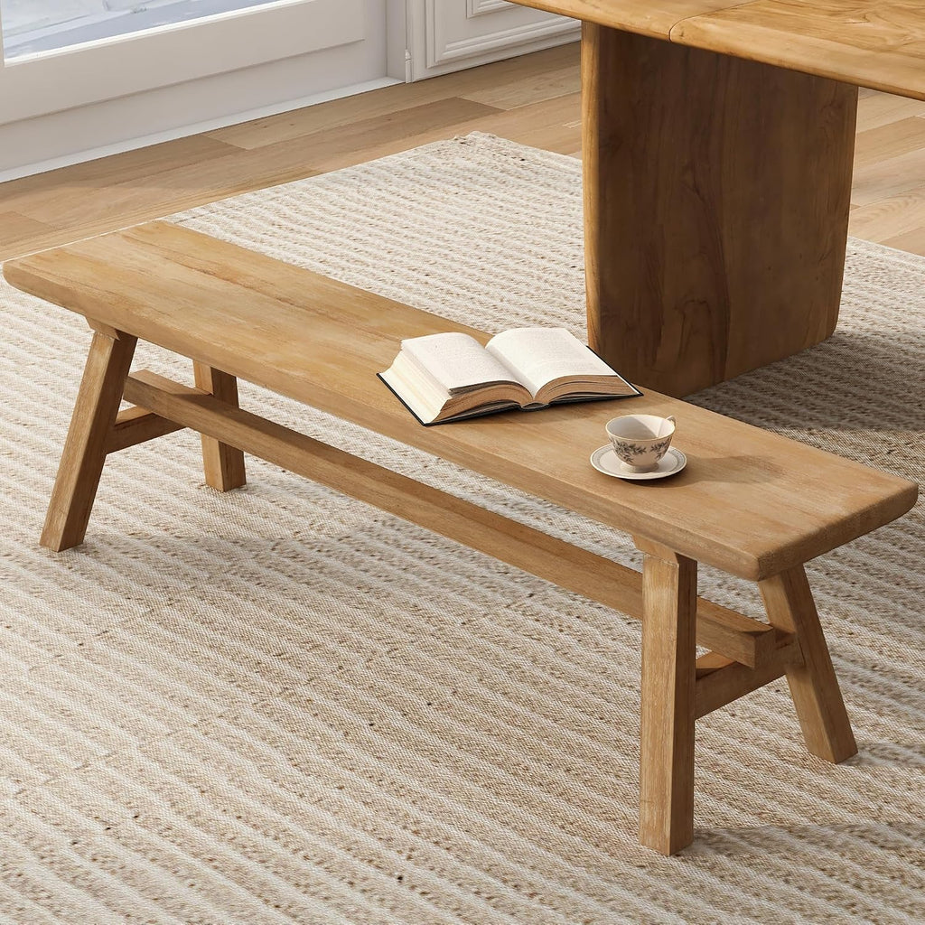 Solid Wood Bench 55 in, Rustic Farmhouse Entryway Bench with Storage, Indoor Shoe Bench, Natural Wood Tone