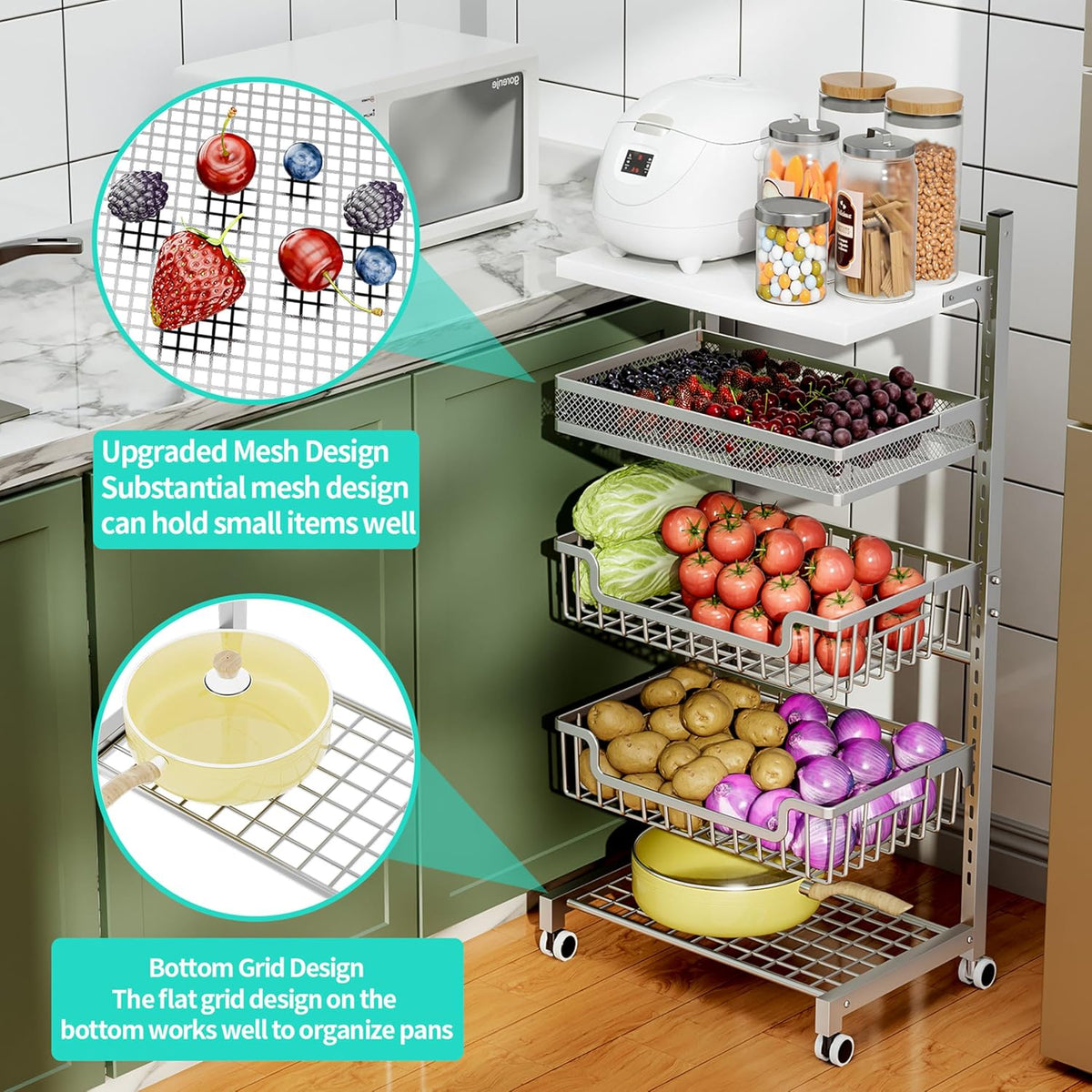 HapiRm Fruit Basket Kitchen Cart - 5 Tier Adjustable Vegetable Storage Rack, Large Capacity Rolling Kitchen Carts on Wheels for Snack Onion and Potato Storage