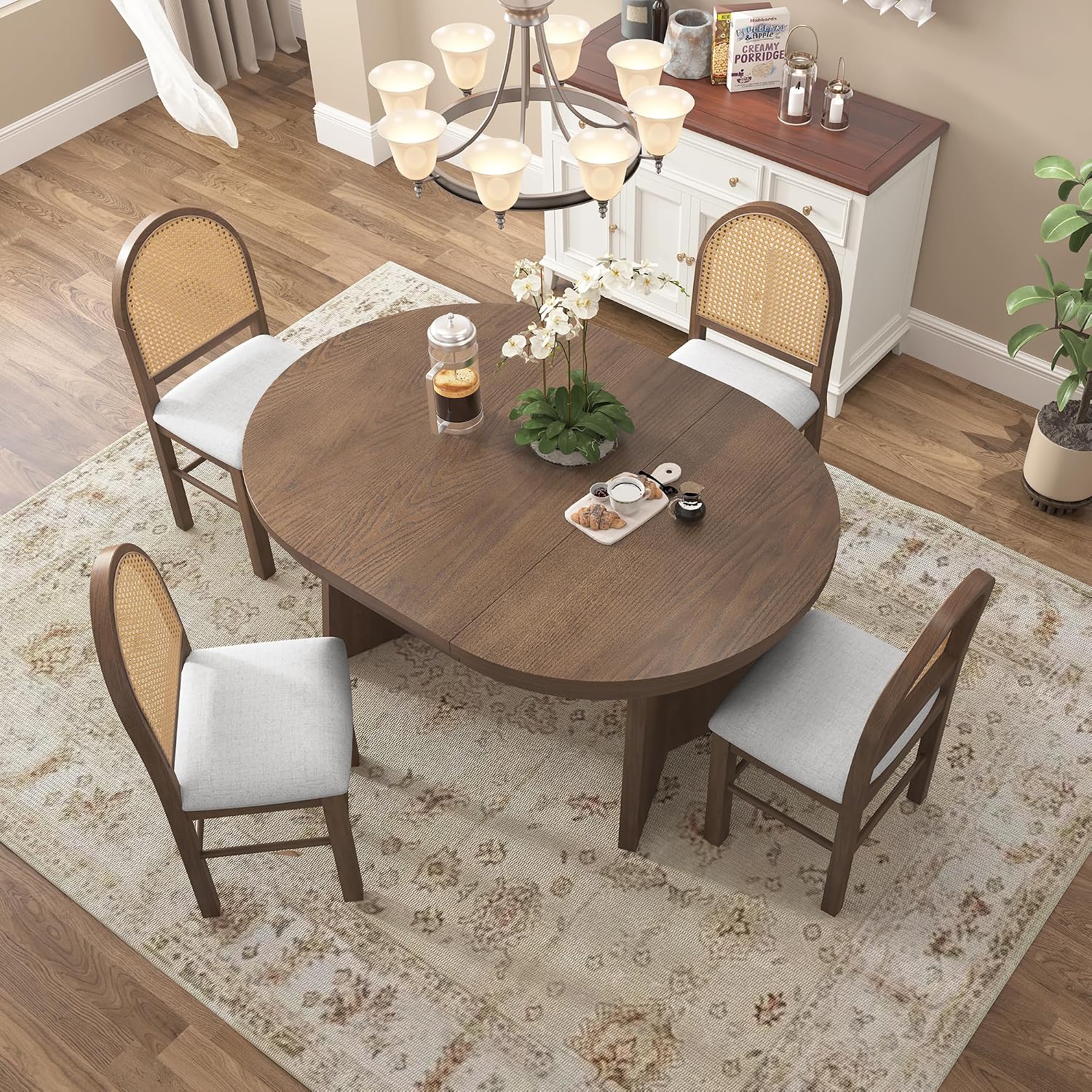 Merax 5-Piece Round Dining Table Set for 4, Extendable Kitchen Table Set with 4 Upholstered Chairs for Dining Room, Kitchen, Small Space, Beige+Walnut