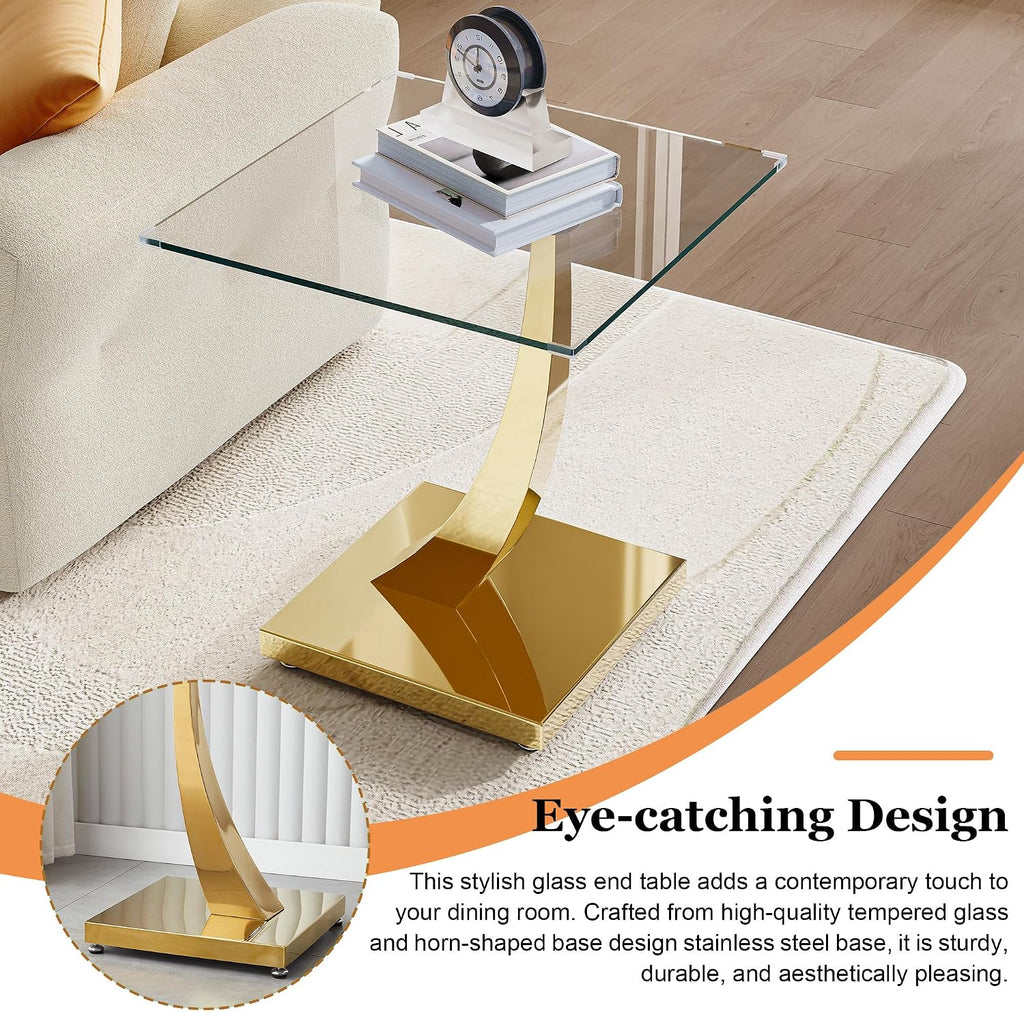 23" Glass End Table, Modern Square Side Table with Tempered Glass Top and Gold Horn-Shaped Stainless Steel Base for Apartment, Office