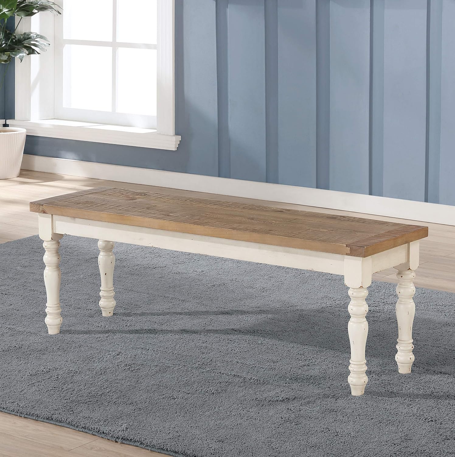 Roundhill Furniture Prato 6-Piece Dining Set, Dining Table with 4 Cross Back Chairs and Bench, Antique White and Distressed Oak Finish