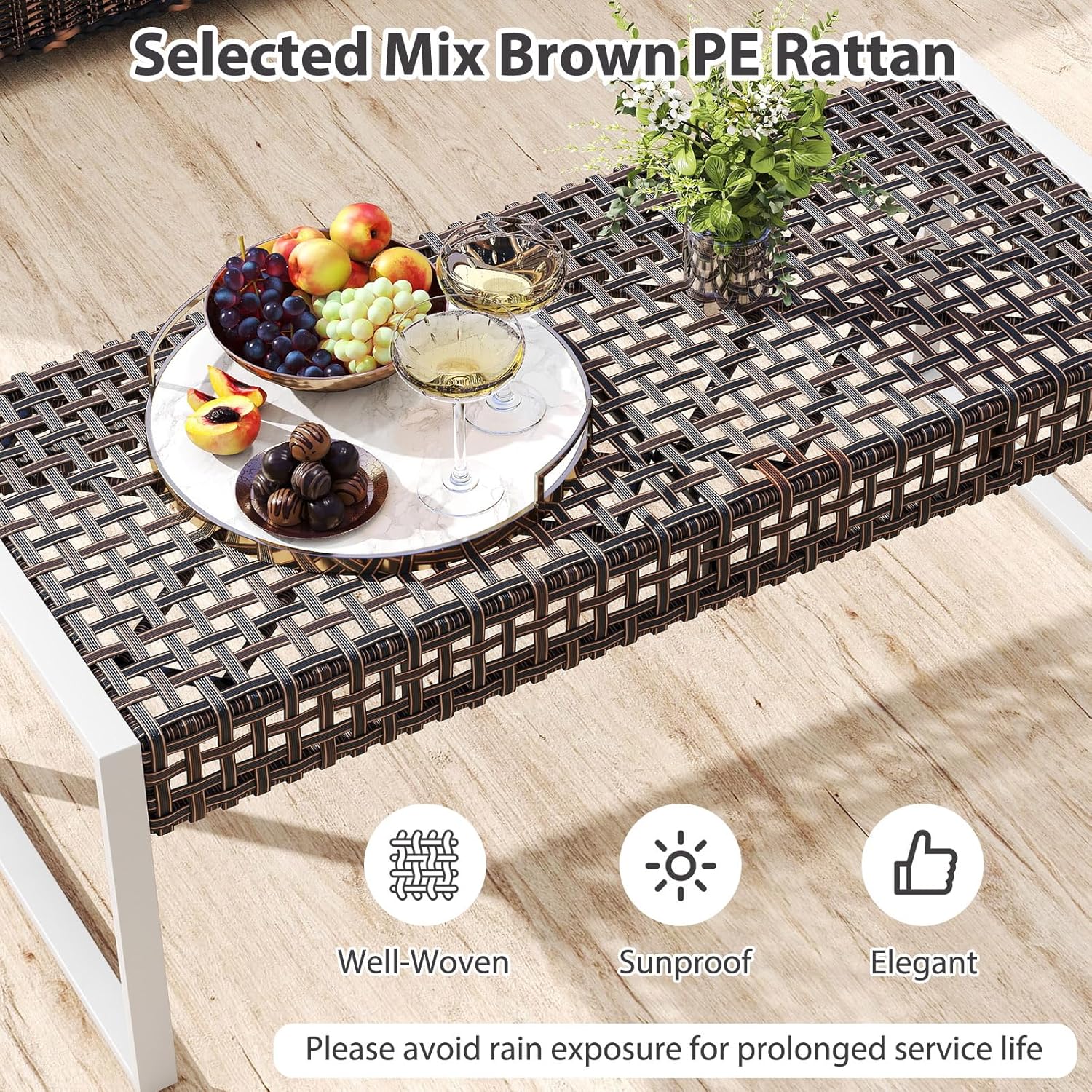 RELAX4LIFE Wicker Outdoor Ottoman Footstool - Rattan Patio Foot Rest for 2 w/Soft Cushion & Metal Frame, Multipurpose Coffee Table, 43’’ Seating Bench, Foot Stool for Garden Porch Backyard (1)