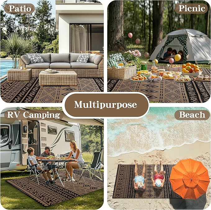 Wallona Outdoor Rugs 9x12 ft Patio Waterproof Clearance Indoor Outdoor Large Carpet for Patio Plastic Straw Reversible Area Rugs Mat for RV, Camping, Balcony, Beach, Picnic, Porch, Boho Black & Brown