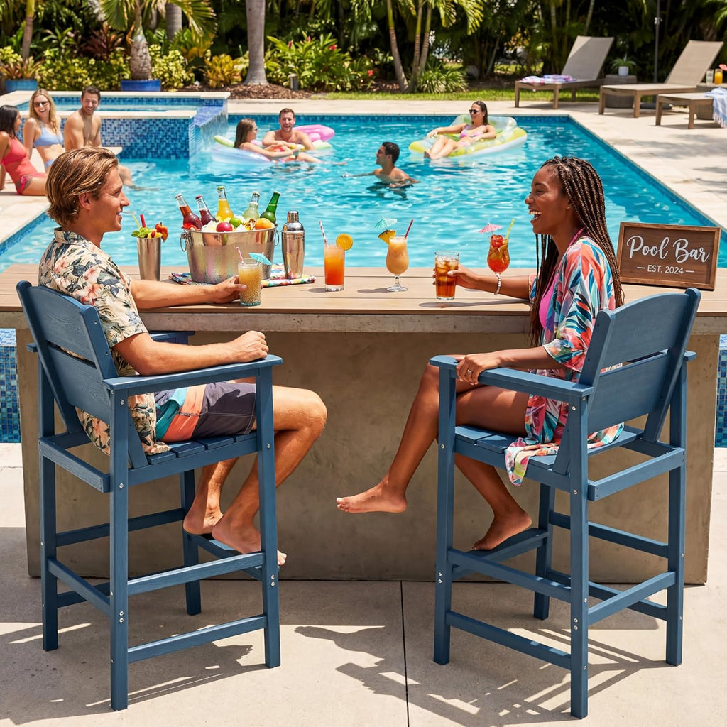6 Pack Outdoor Bar Stools, HDPE Patio Bar Chairs with Armrests & Footrest, Weather Resistant All-Weather Counter Height Chairs for Outdoor Deck, Backyard, Poolside,Blue