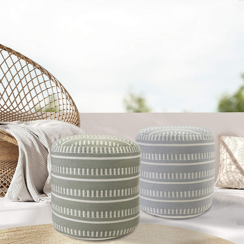 LR Home Dash and Stripe Geometric Indoor Outdoor Pouf, Green/White, 20" x 20" x 20"