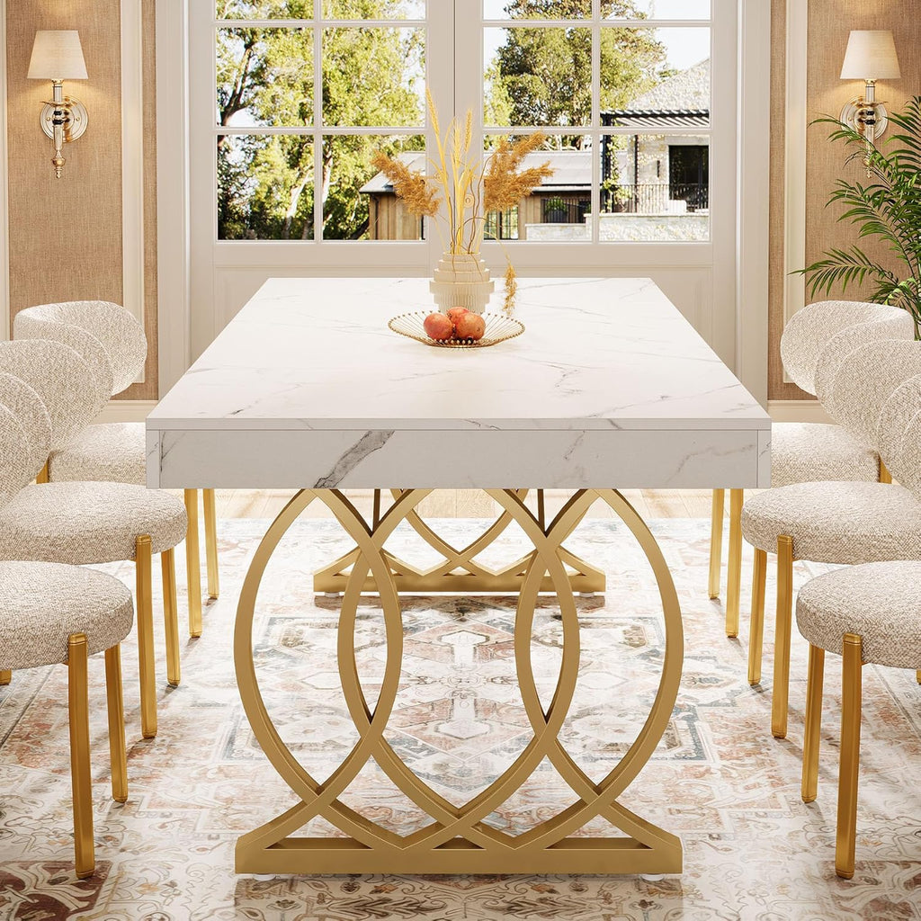 Tribesigns 63-Inch Dining Table for 4-6, Modern Kitchen Table with Faux Marble Tabletop and Geometric Legs, Rectangle Dining Room Furniture for Living Room, Kitchen, White and Gold