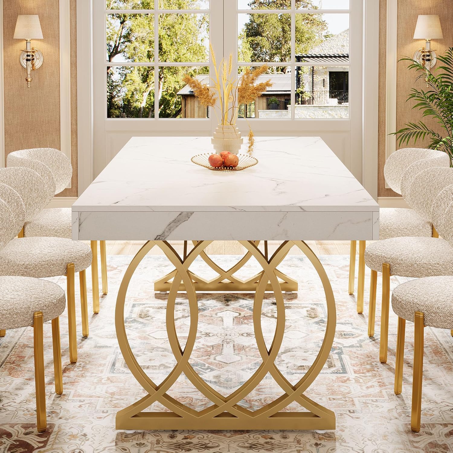 Tribesigns 63-Inch Dining Table for 4-6, Modern Kitchen Table with Faux Marble Tabletop and Geometric Legs, Rectangle Dining Room Furniture for Living Room, Kitchen, White and Gold