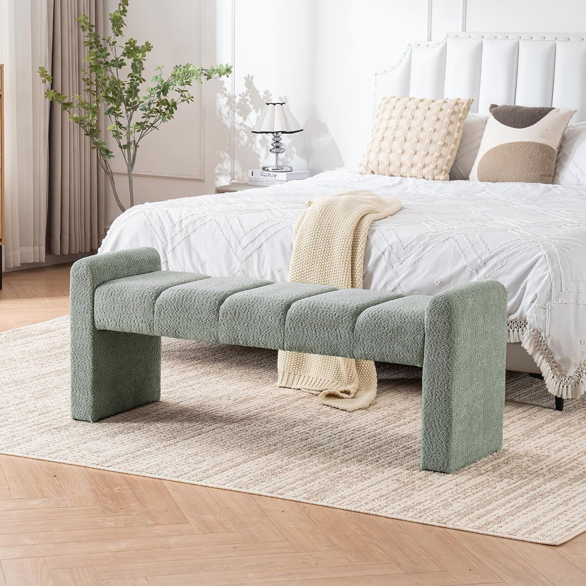 54" Boucle Bench for Bedroom Window End of Bed, Sage | Long Tufted Padded End of Bed Bench, Upholstered, For Living Room/Entryway/Dining Bench/Hallway/Indoor, Modern