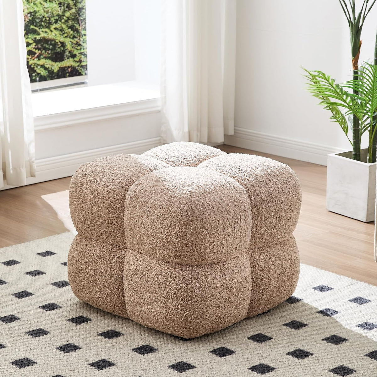 Zesthouse Square Pouf Ottomans Set of 2, Modern Vanity Chair for Bedroom | Sherpa Fabric Foot Rest for Couch, Upholstered Tufted Footstool, Poofy Ottoman Seat for Living Room Dorm, Fluffy Ottoman Tan