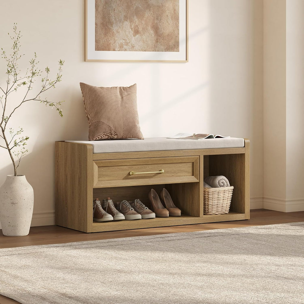 SICOTAS Shoe Bench with Storage, 43.3" Extra Wide Farmhouse Entryway Bench with Cushion, Drawer & Tall Boot Shelf, 18.9" Comfort Height Seat, Large Storage Bench for Bedroom Hallway Mudroom,Brown Oak