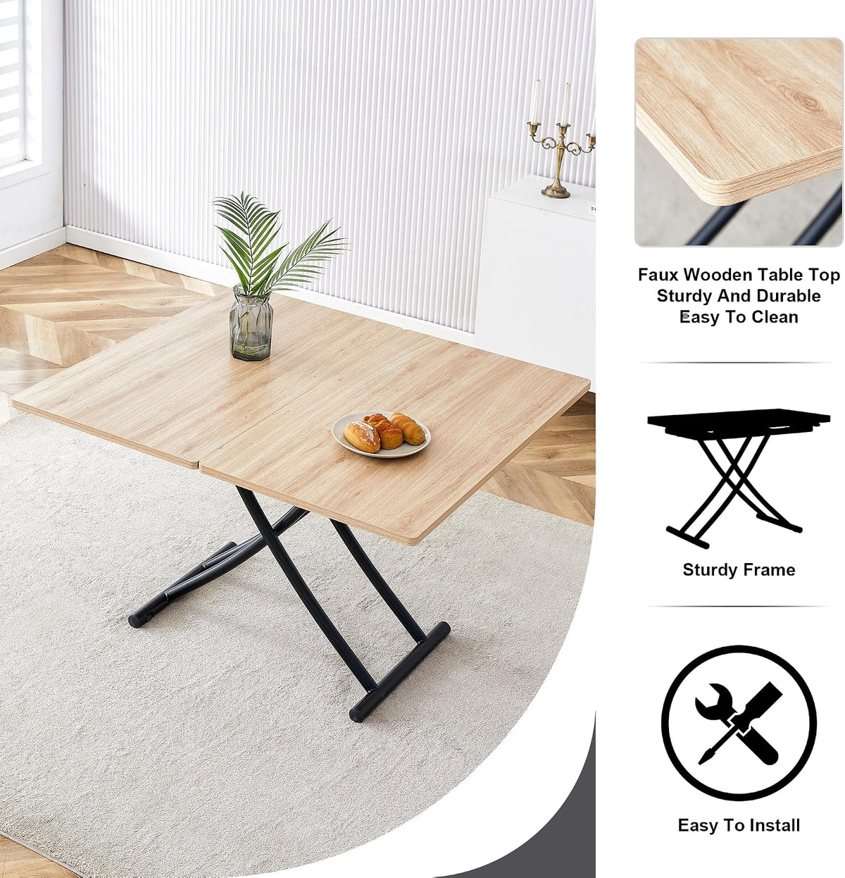 Space Saving Folding Dining Table, Adjustable Height Foldable Coffee Table with Wooden Tabletop and Metal Legs, Small Transformer Kitchen Table for Apartment, Living Room, Dining Room