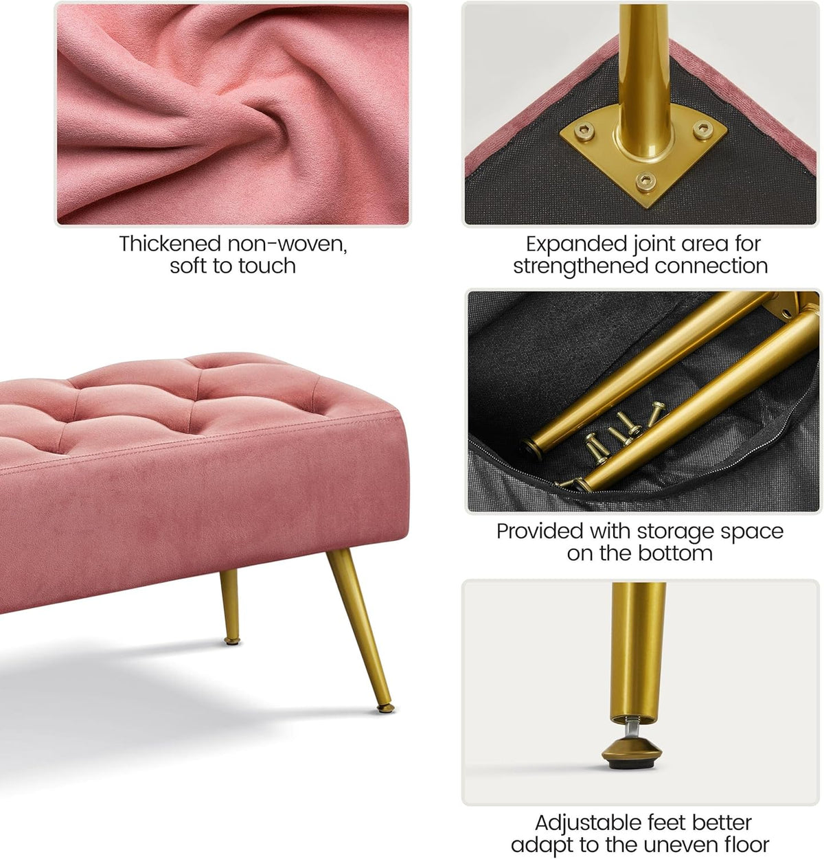 Topeakmart Dining Bench, Button-Tufted Upholstered Bench with Gold Metal Base for Kitchen, Living Room, Entryway - Pink