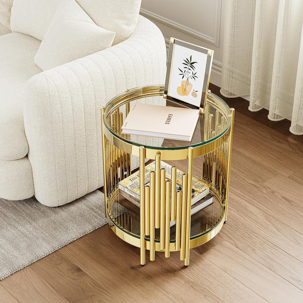 Round Glass End Table, 19" Modern 2-Tier Side Table with Clear Tempered Glass Top and Gold Stainless Steel Base for Living Room or Bedroom