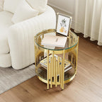 Round Glass End Table, 19" Modern 2-Tier Side Table with Clear Tempered Glass Top and Gold Stainless Steel Base for Living Room or Bedroom