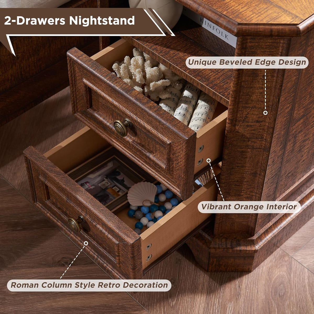 T4TREAM Farmhouse Nightstand Set of 2 with Charging Station, 18" End Table with 2 Drawers, Wood Side Table, Bedside Cabinet for Bedroom, Living Room (Brown)