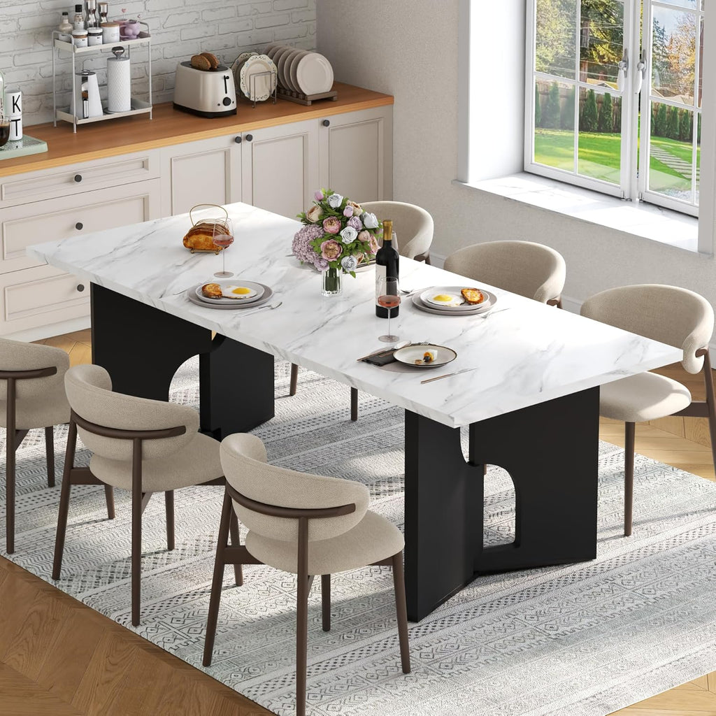 86.6" Modern Dining Table for 6-10 People,Long Kitchen Tables with Wooden Black V Shaped Frame Legs,Rectangular Dinner Table with Imitation Marble Tabletop for Kitchen, Dining Room（Only Table