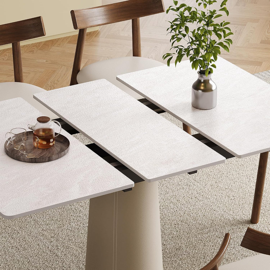 47.2" Retractable Rock Slab Folding Dining Table, Modern Expandable Kitchen Table with Leather-Wrapped Stainless Steel Base, Space Saving Square Dining Table for Small Apartments