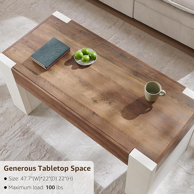 OKD 48" Modern Farmhouse Coffee Table, Wooden Living Room Table with Hidden Storage Drawer, Rustic Rectangular Center Tables with Wood Thick Design for Living Room, Office, Antique White