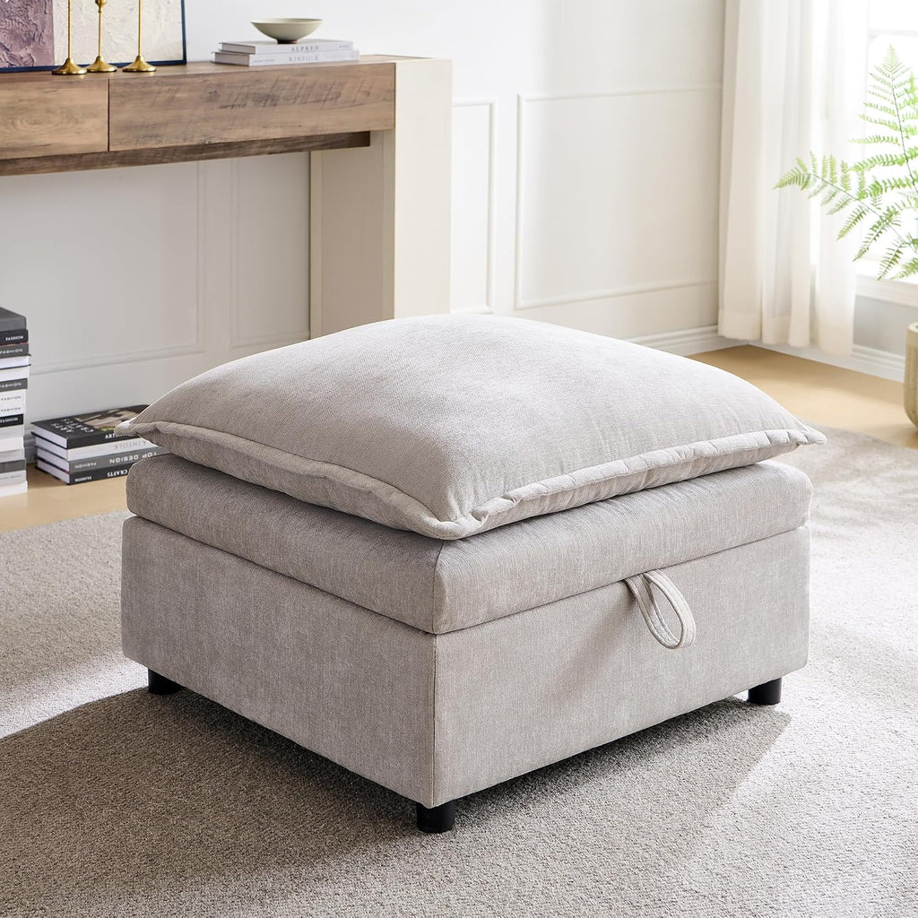 Chenille Upholstered Rectangle Ottoman for Modular Sectional Cloud Couch, Foot Stool, Faux Wood Feet, Durable Frame, Modular Sectional Couch Add Ons for Living Room, Bedroom, Light Gray