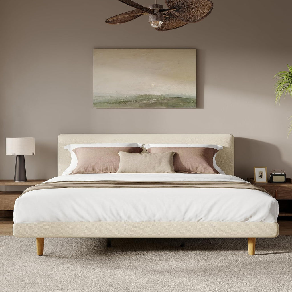 Cal-King Size Upholstered Beige Platform Bed with Chunky Headboard, Modern Fabric Bed Frame with 6-Inch Under-Bed Clearance for Bedroom, Solid Rubberwood Legs, 800lbs Capacity (California King)