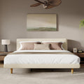 Cal-King Size Upholstered Beige Platform Bed with Chunky Headboard, Modern Fabric Bed Frame with 6-Inch Under-Bed Clearance for Bedroom, Solid Rubberwood Legs, 800lbs Capacity (California King)
