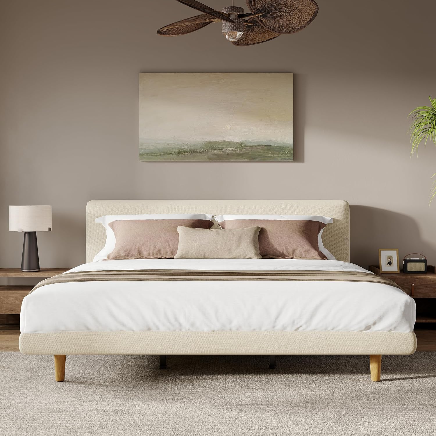 Cal-King Size Upholstered Beige Platform Bed with Chunky Headboard, Modern Fabric Bed Frame with 6-Inch Under-Bed Clearance for Bedroom, Solid Rubberwood Legs, 800lbs Capacity (California King)