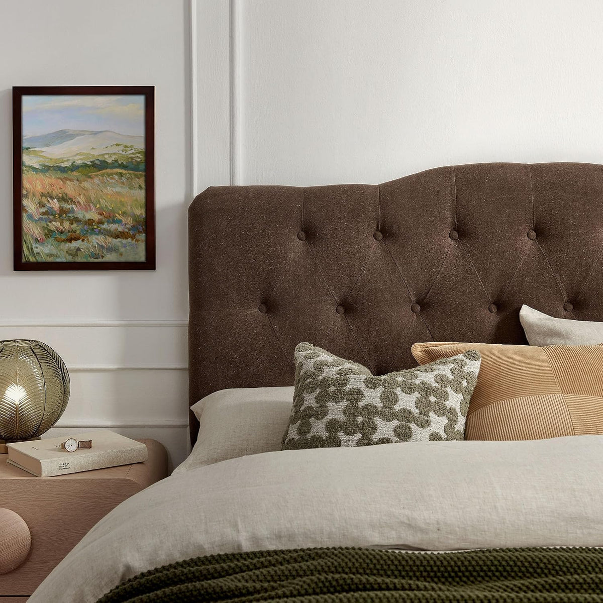 Modway Annabel Premium Linen Blend Queen Headboard in Cocoa - Soft Fabric Headboard Only with Diamond Button Tufting and 7 Height-Adjustable Positions