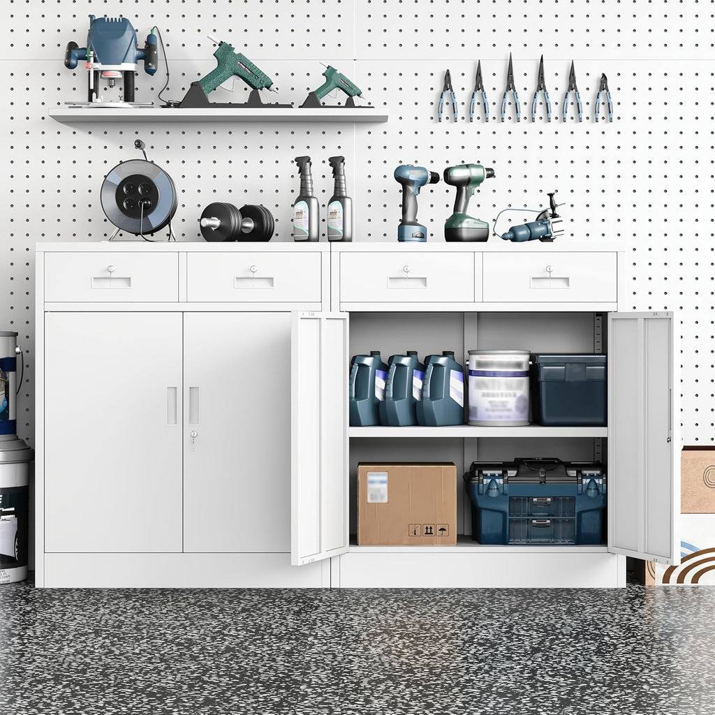Metal Storage Cabinets with Drawer, 36" H Lockable Storage Cabinet with Doors and Adjustable Shelves, Small White Steel File Cabinet for Home, Office, Warehouse, School, Assembly Required