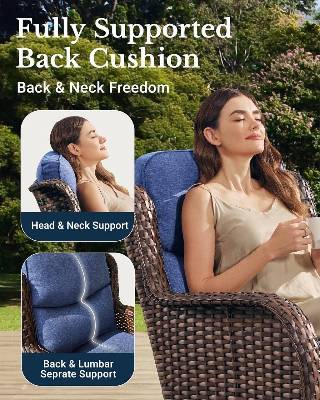 HILLGA Luxury Outdoor Swivel Rocker Patio Chairs of 2 with 6 Inch Thick Cushions and Side Table, Swivel Outdoor Chairs 3PCS High Back Wicker Patio Furniture Set for Porch, Balcony, Deck in Blue