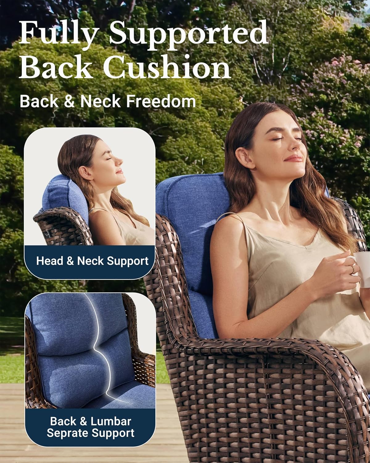 HILLGA Luxury Outdoor Swivel Rocker Patio Chairs of 2 with 6 Inch Thick Cushions and Side Table, Swivel Outdoor Chairs 3PCS High Back Wicker Patio Furniture Set for Porch, Balcony, Deck in Blue