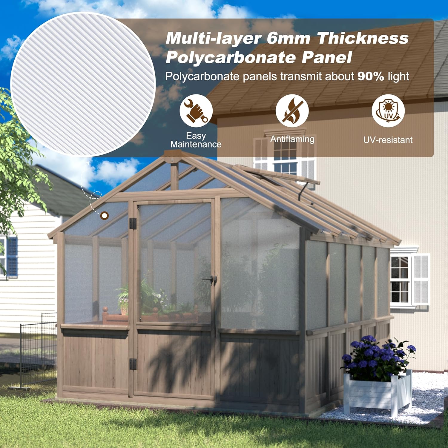 8x10 FT Greenhouse Kit with 6MM Thick Polycarbonate Panel for Outdoor, Wooden Walk-in Green House with Adjustable Roof Vent and Lockable Door, Backyard, Garden, Light Mocha Brown