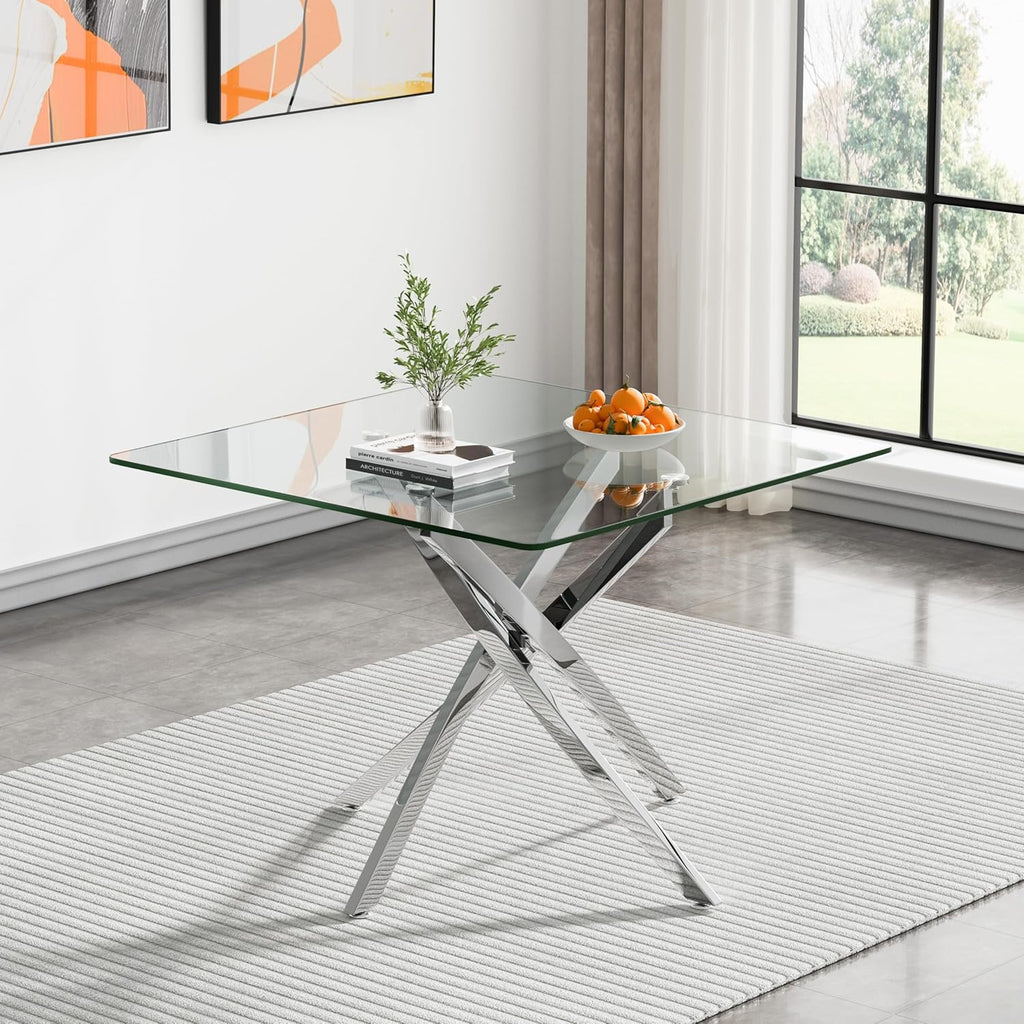 36 inch Square Glass Dining Table, Modern Dining Table for 4, Square Kitchen Table with Tempered Glass Top & Silver Chrome Metal Legs for Dining Room, Living Room, Apartment, Small Space