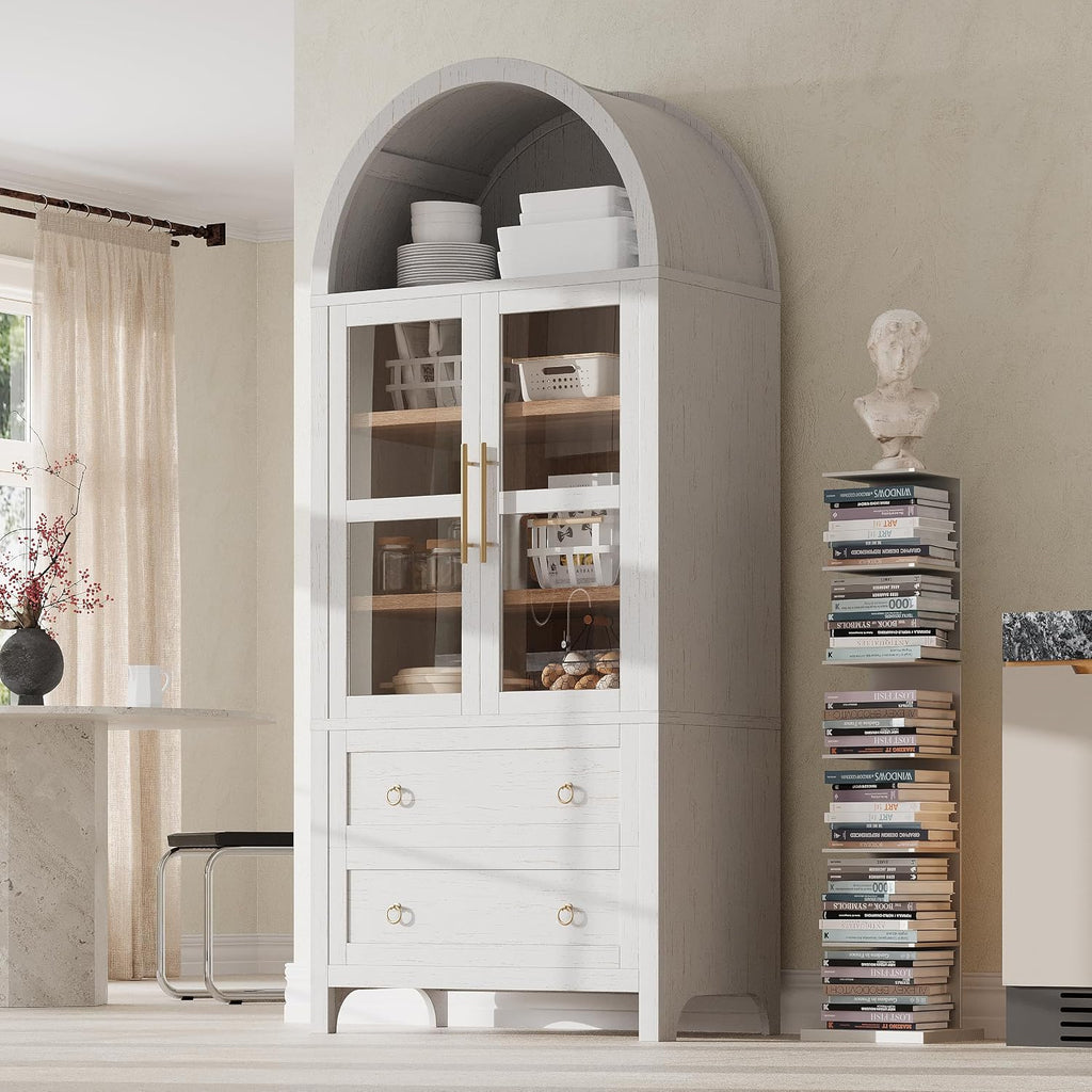 71" Tall Arched Kitchen Pantry Cabinet, Modern Farmhouse Freestanding Food Storage Cabinet with 2 Large Drawers & Adjustable Shelves, Glass Door Wood Cupboard for Kitchen & Dining Room,White