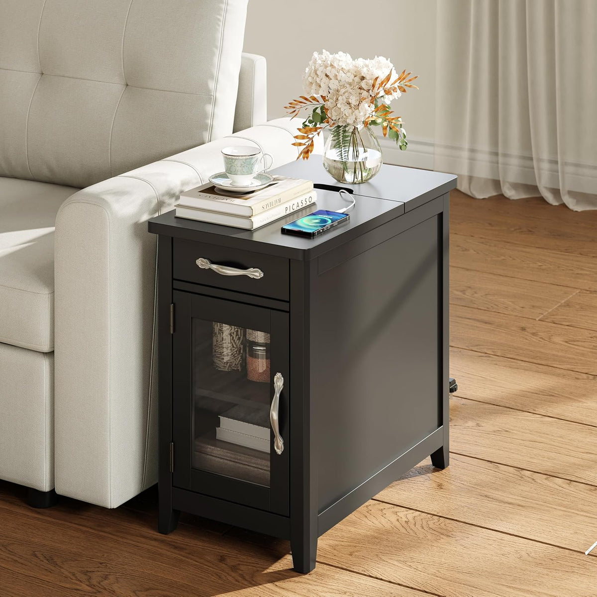 LINSY Home End Table with Charging Station, Updated Farmhouse Flip Top Side Table with Cup Holder, Storage Drawer and Glass Door, Wooden Narrow Bedside Nightstand for Living Room, Bedroom, Black