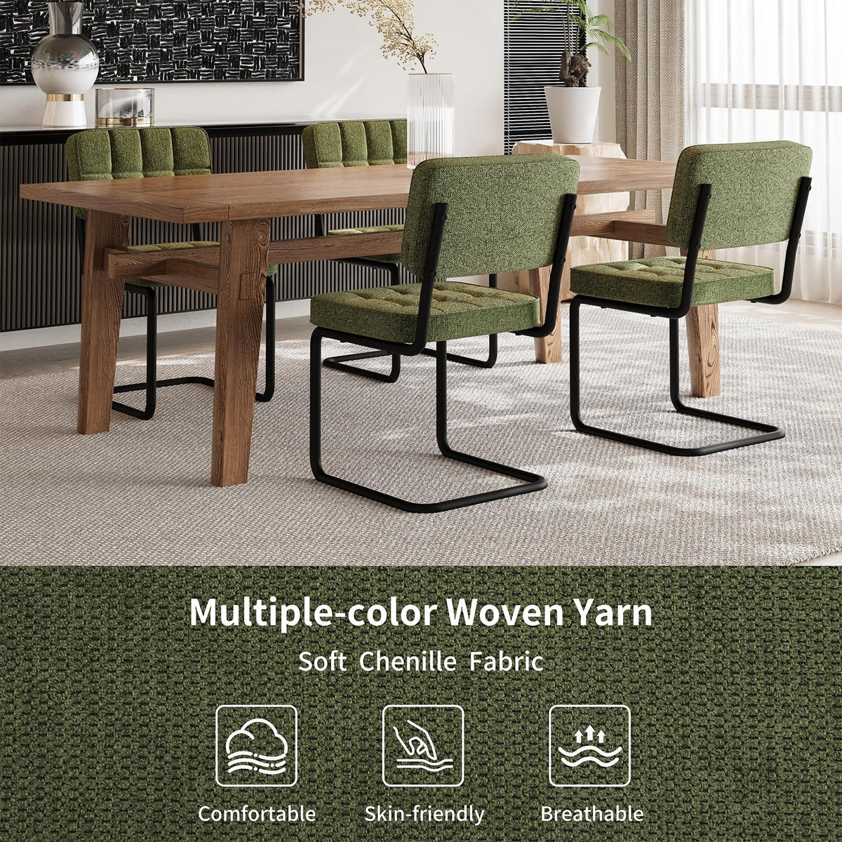 Mid-Century Modern Dining Chairs Set of 4 with Metal Legs, Green | Upholstered Chenille Cantilever Dining Chairs with Ergonomic Backrests, Armless Design, Padded Seats for Dining Room