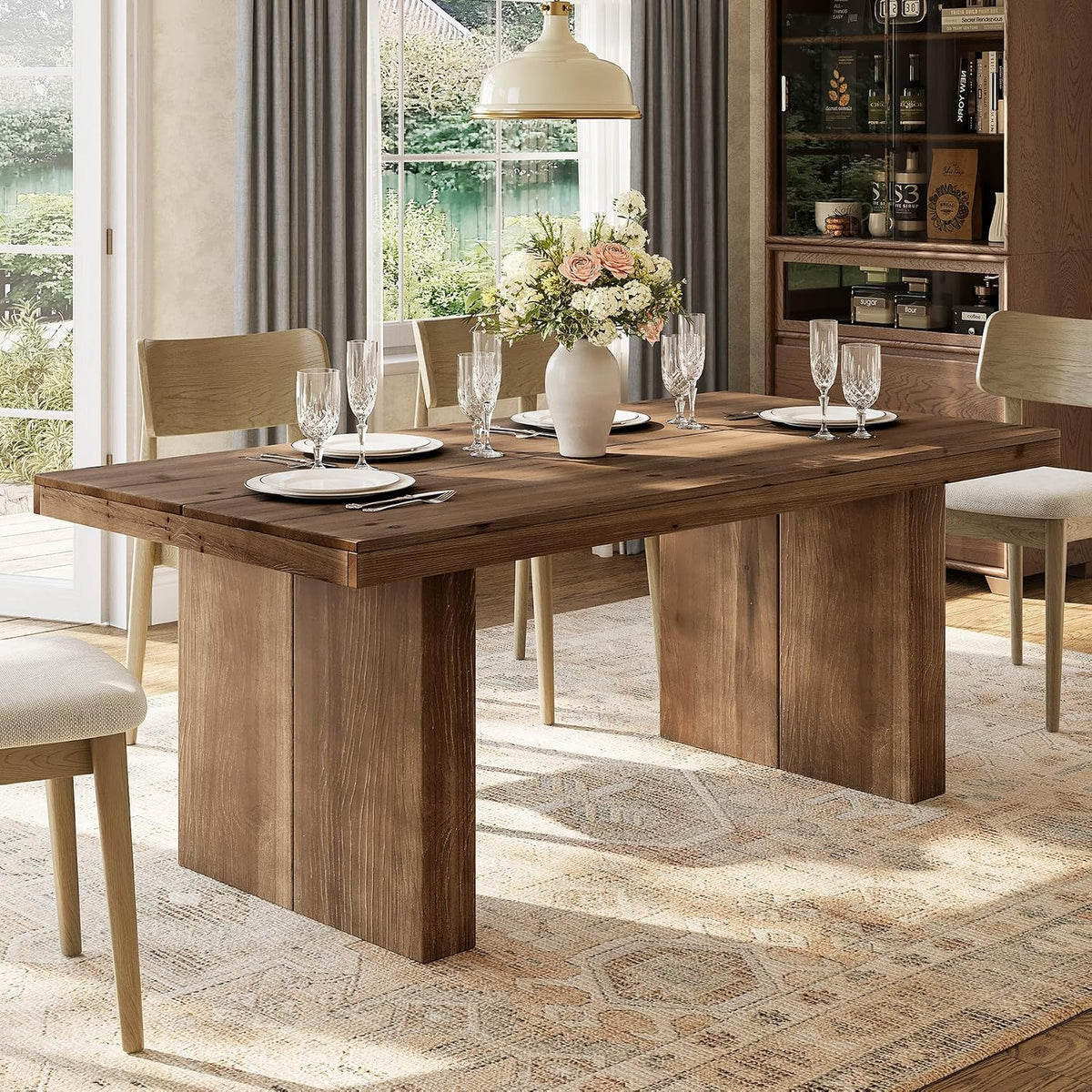 63" Solid Wood Dining Table for 4-6 People, Farmhouse Rectangle Kitchen Dinner Table with Wooden Heavy-Duty Legs for Dining Room, Kitchen, Simple Style & Easy Assembly (Dark Brown)
