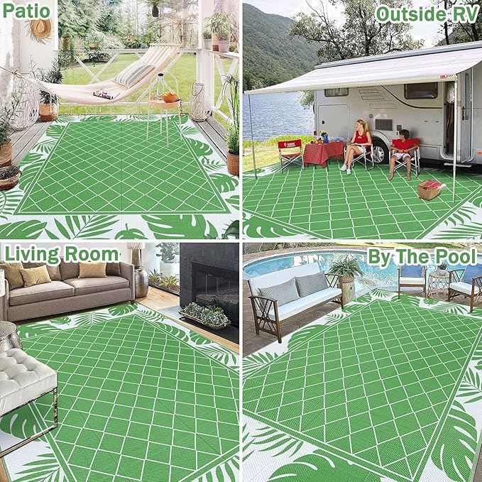 Ileading Outdoor Rug Carpet for Patio 8'x10' Waterproof Reversible Plastic Straw Rug Portable Outside Area Rug Camping Mat for Patio, Clearance, Balcony, Picnic, Pool, Beach, RV, Deck, Green