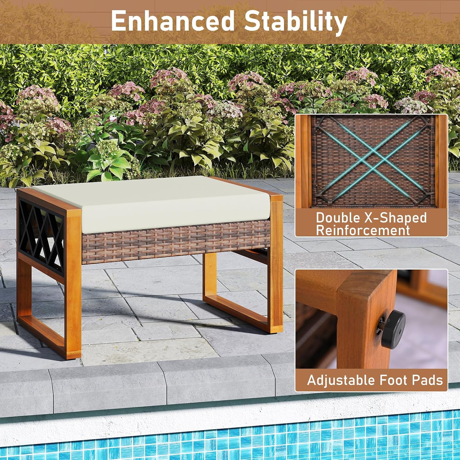 Tangkula Rattan Wicker Outdoor Ottoman Set of 2, Patio 3-in-1 Footstools with Removable Cushions, Additional Seating and Side Tables for Porch, Backyard & Poolside (Off White)