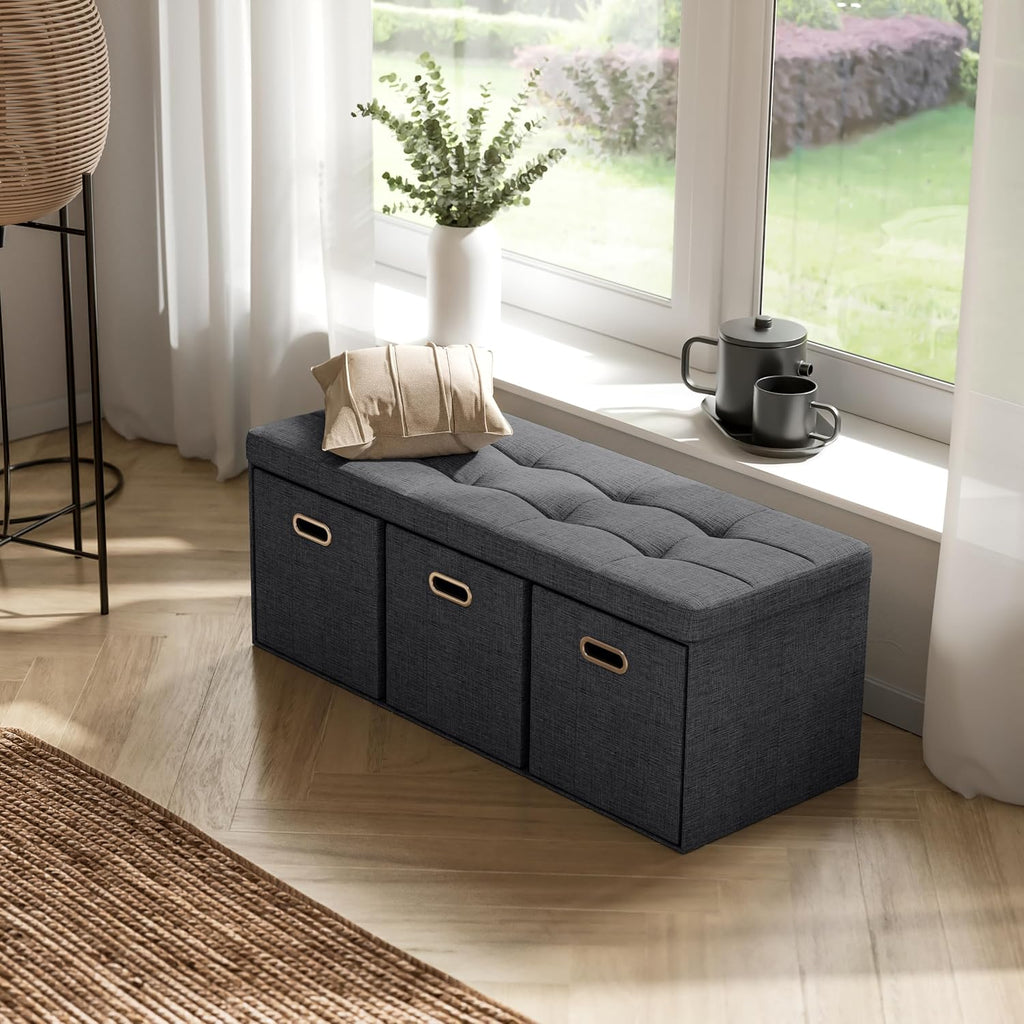 Ornavo Home 40 Inch Storage Ottoman with 3 Drawers, Tufted Linen, Black | Foldable Large Bench Design; Foot Rest Stool Seat; Ideal for Living Room, Bedroom or Entryway