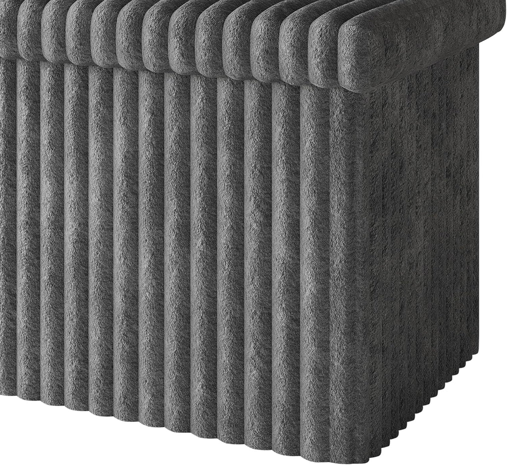 HOME DESIGN Florence 30" Upholstered Folding Storage Bench, Tufted Top, Space-Saving Storage, Gray Corduroy Fabric