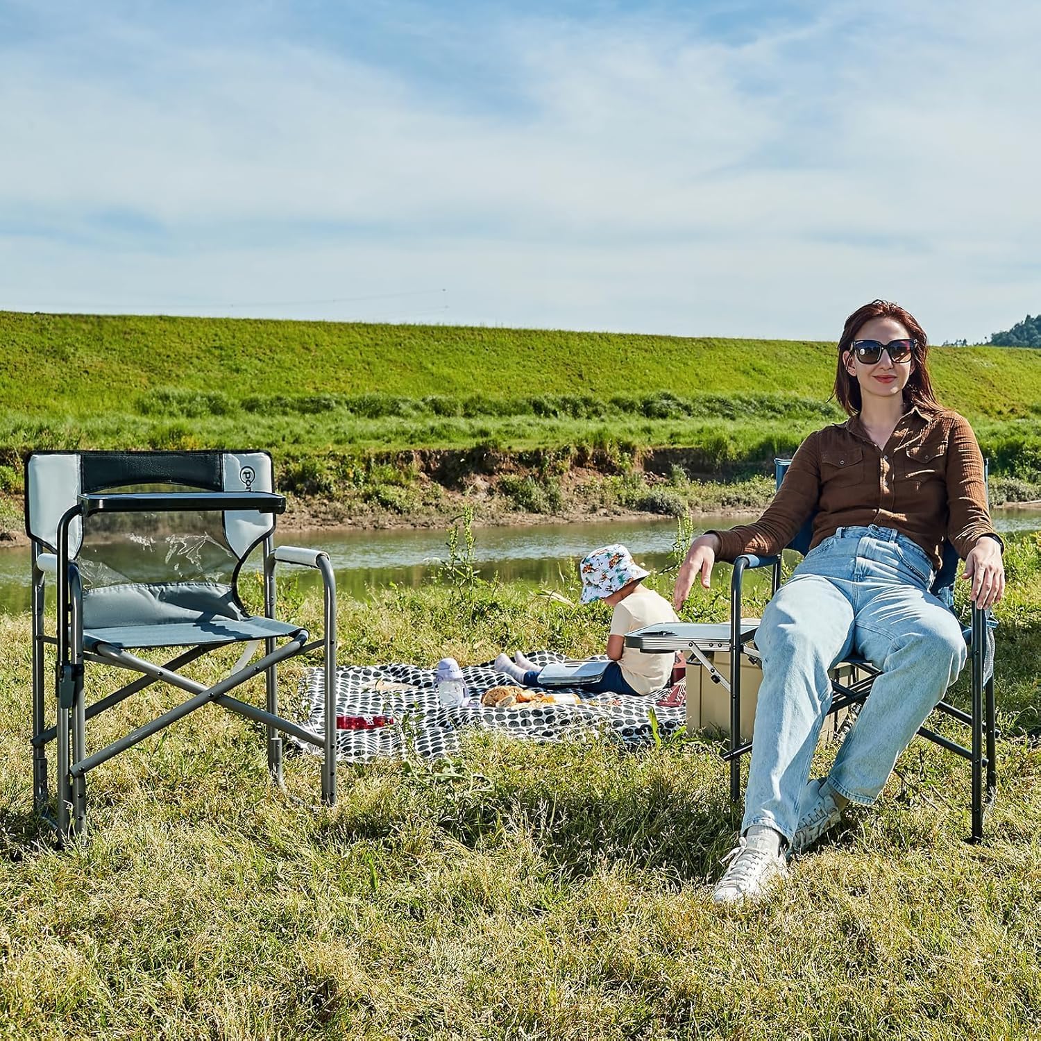 Portal Director Camping Chair with 2-Way Rotating Side Table, 300 lb, Gray | Height-Adjustable Swivel Tray with Cup Holder, Breathable Mesh Back, Portable for Camping, Tailgating, Lawn and RV Travel