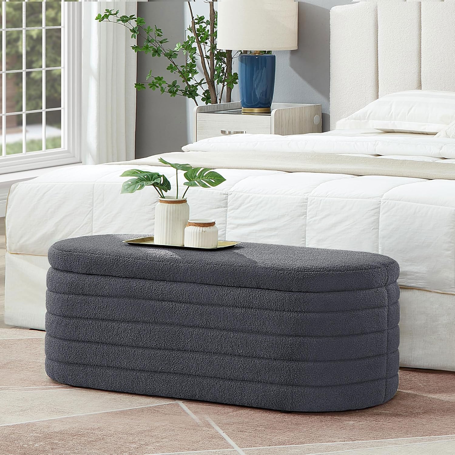 Storage Ottoman Bench End of Bed for Bedroom, Boucle Upholstered Entryway Shoe Seat Bench with Storage, Sherpa Modern Cute Padded Blanket Chest Stool Foot Rest for Living Room (Drak Gray)