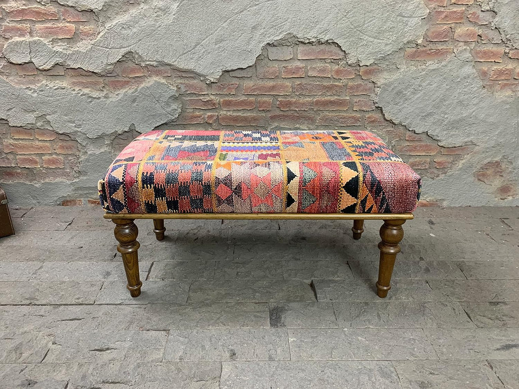 Rug Ottoman Bench, Upholstered Bench, Patchwork Bench, Bohemian Bench, Piano Bench, Entry Bench, Handmade Bench, Wood Bench, Bedroom Bench, Kitchen Bench, Dining Bench, Vintage Antique Bench