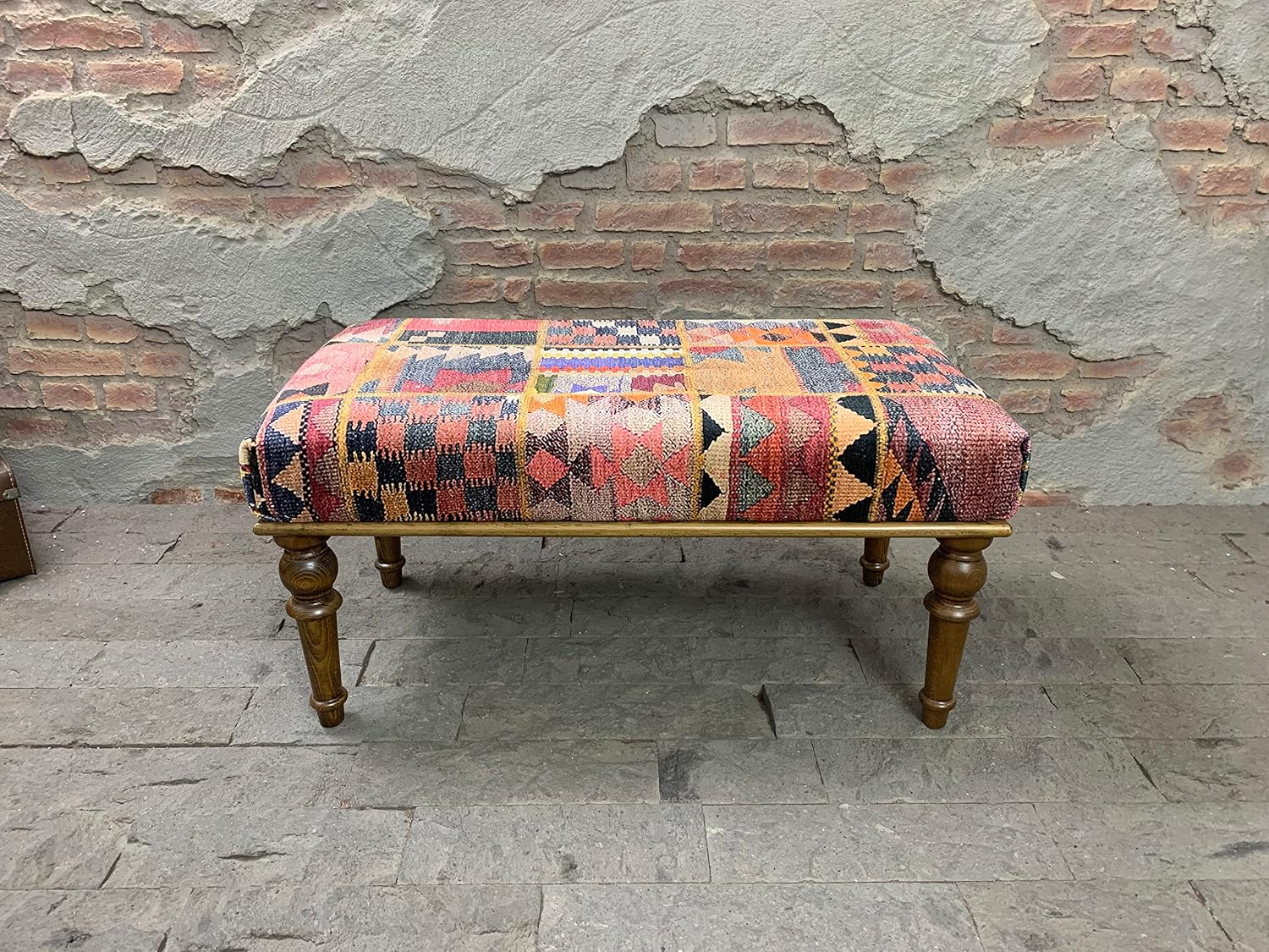 Rug Ottoman Bench, Upholstered Bench, Patchwork Bench, Bohemian Bench, Piano Bench, Entry Bench, Handmade Bench, Wood Bench, Bedroom Bench, Kitchen Bench, Dining Bench, Vintage Antique Bench