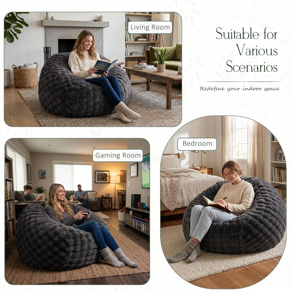 ZurNesfure Bean Bag Chair 3FT Adult Bean Bag with Filler Darkgrey, Medium | Giant Bean Bag Chair, with Handle, Side Pocket&Machine Washable Cover, Large Bean Bag Chair for Adults Home Dorm Bedroom