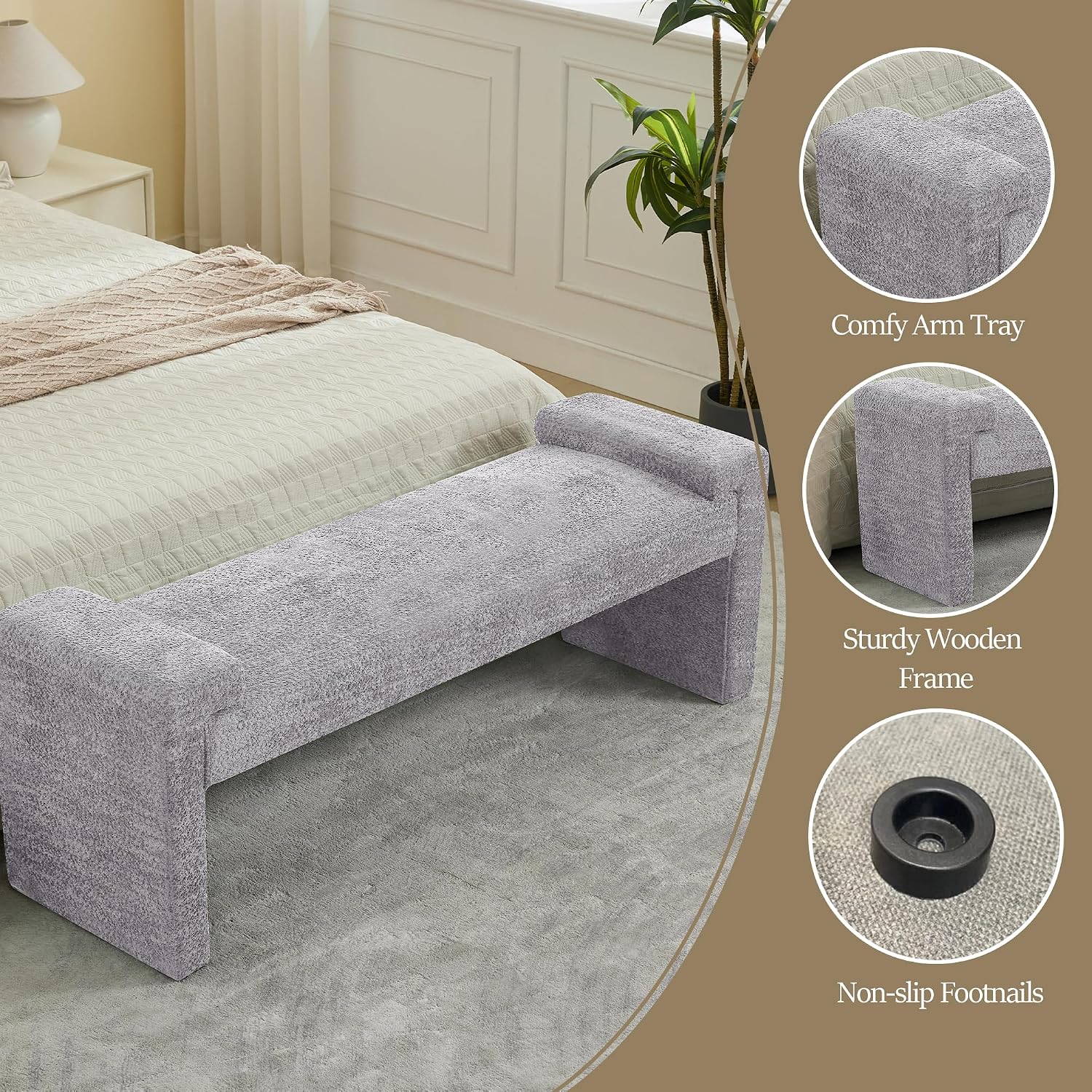 WUTUTUEE 58.7" End of Bed Bench Upholstered Modern Bedroom Bench for Living Room & Entryway, Easy Assembly, Footrest Ottoman Accent Window Bench with Solid Wood Frame & Curved Arm, Grey
